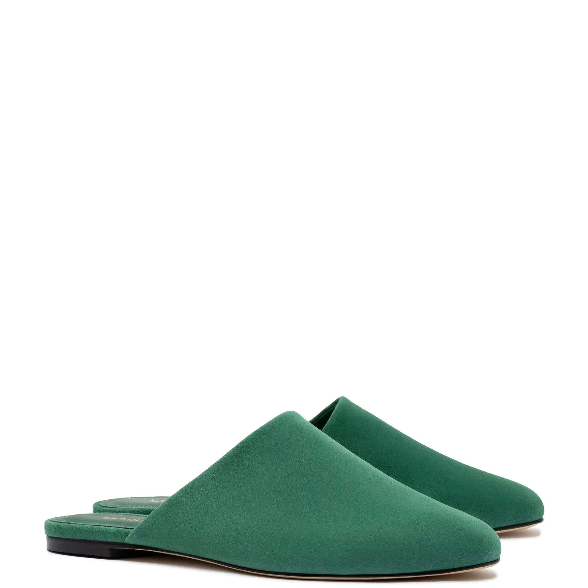 Larroude Venice Flat Mule and Pouch Kit In Emerald Suede