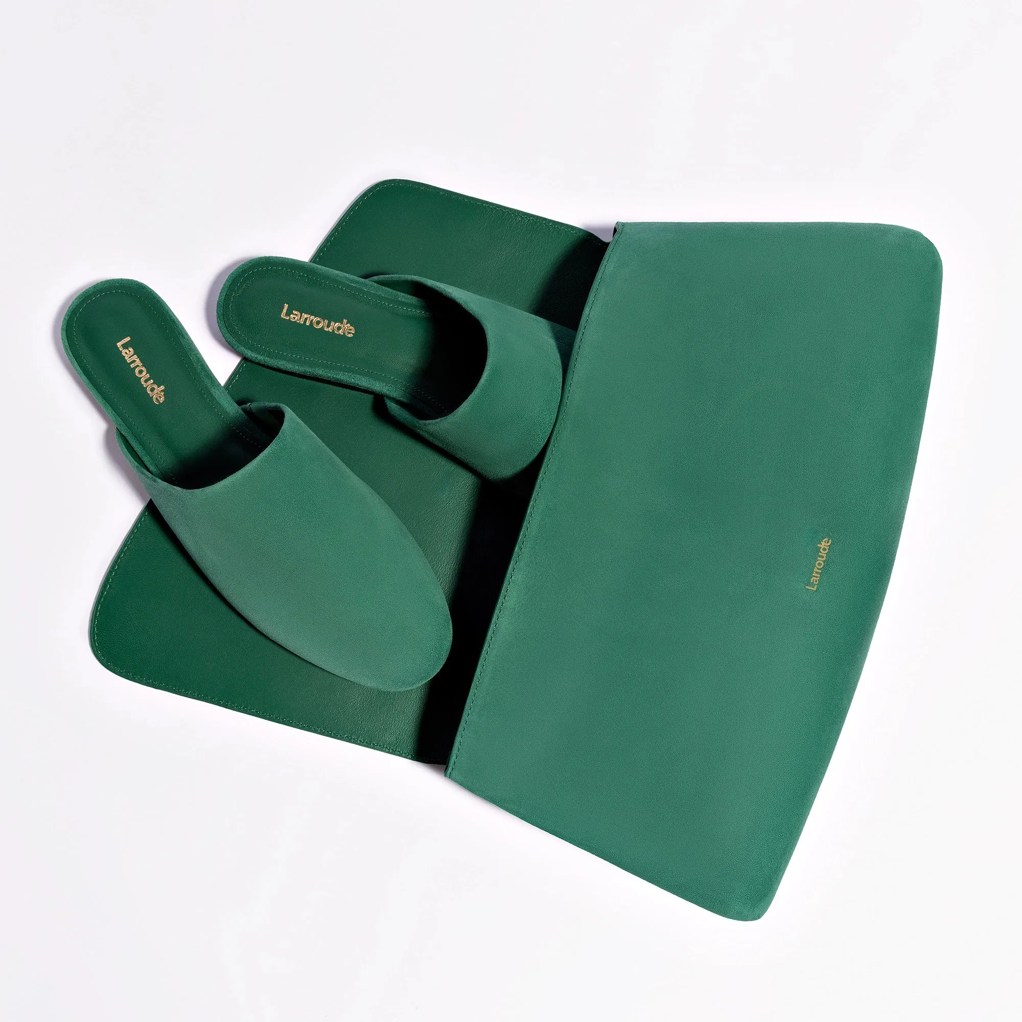 Larroude Venice Flat Mule and Pouch Kit In Emerald Suede