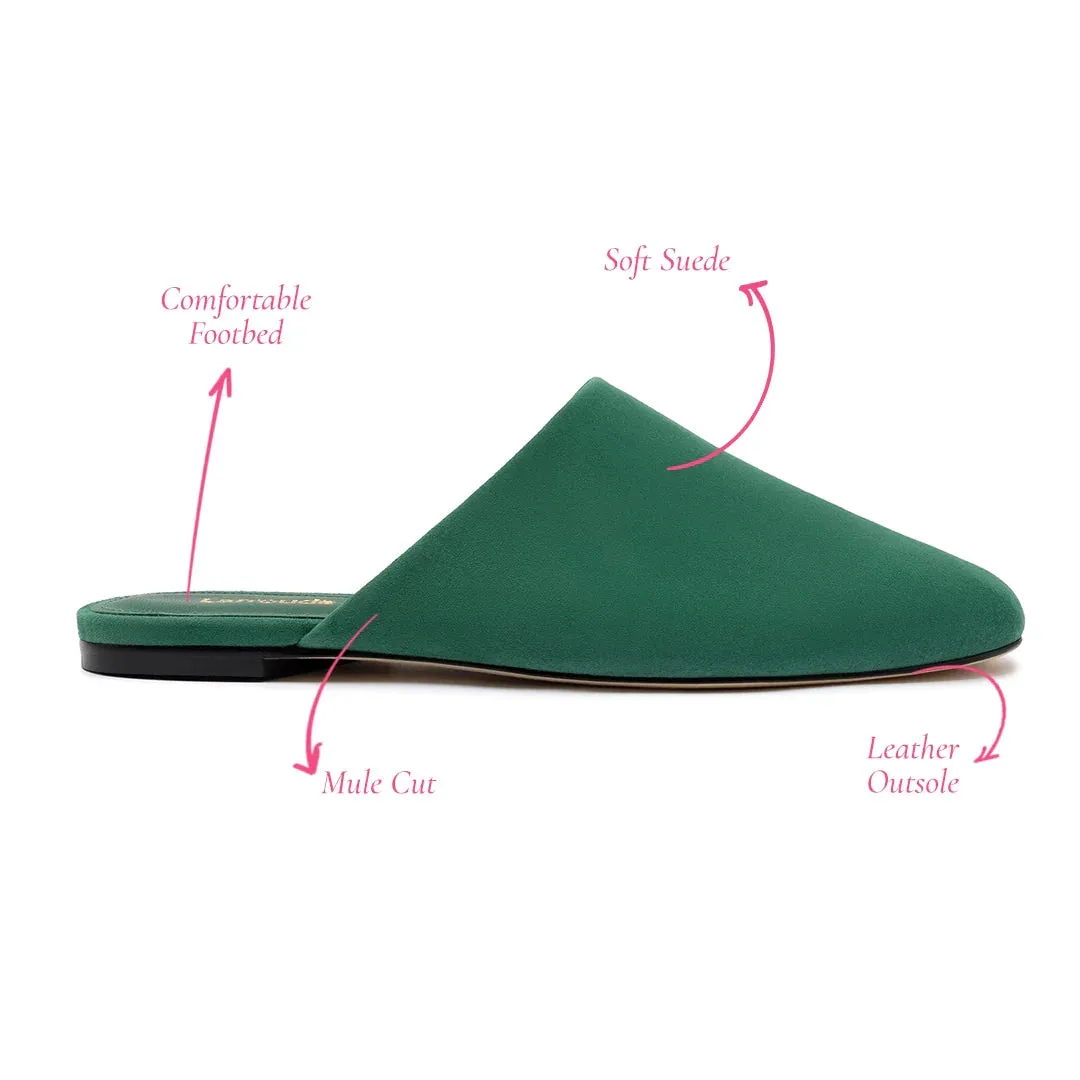 Larroude Venice Flat Mule and Pouch Kit In Emerald Suede