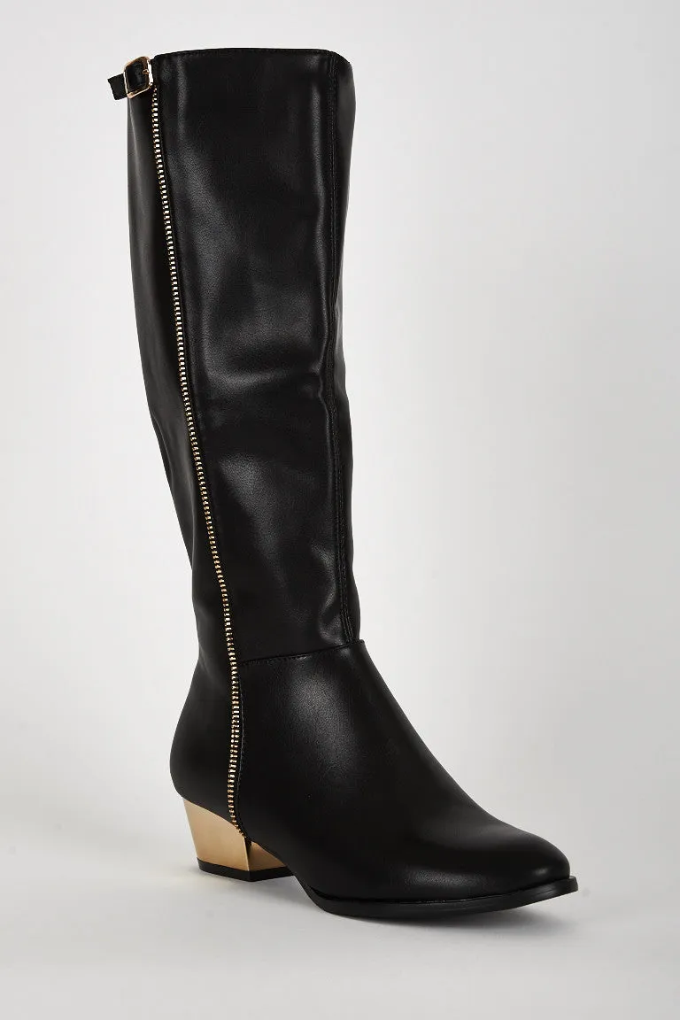 Leatherette Look Gold Coloured Heel Long Boots