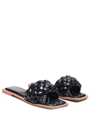 MARCUE PATENT PU QUILTED SLIDES IN WOVEN STRAPS