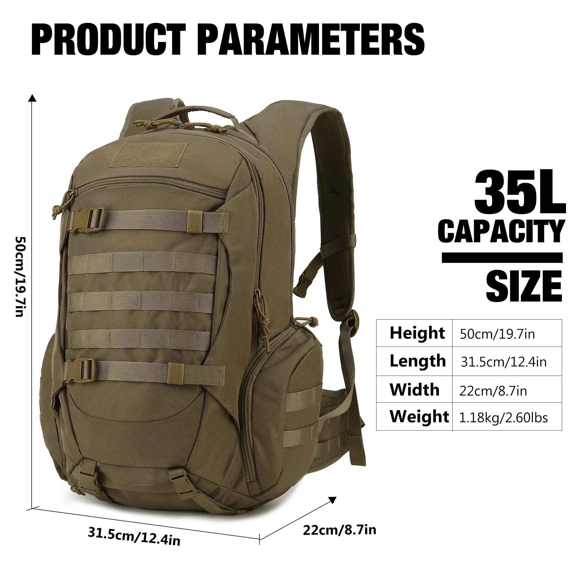 Mardingtop 35L Tactical Backpack with Rain Cover (600D Fabrics or Cordura)