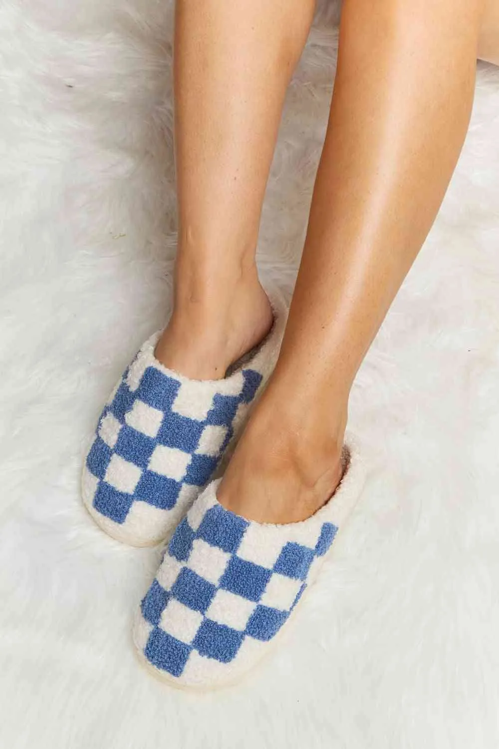 Melody Checkered Print Plush Slide Slippers - 4 Colors