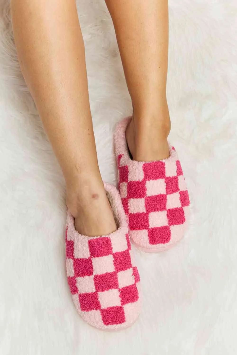 Melody Checkered Print Plush Slide Slippers - 4 Colors