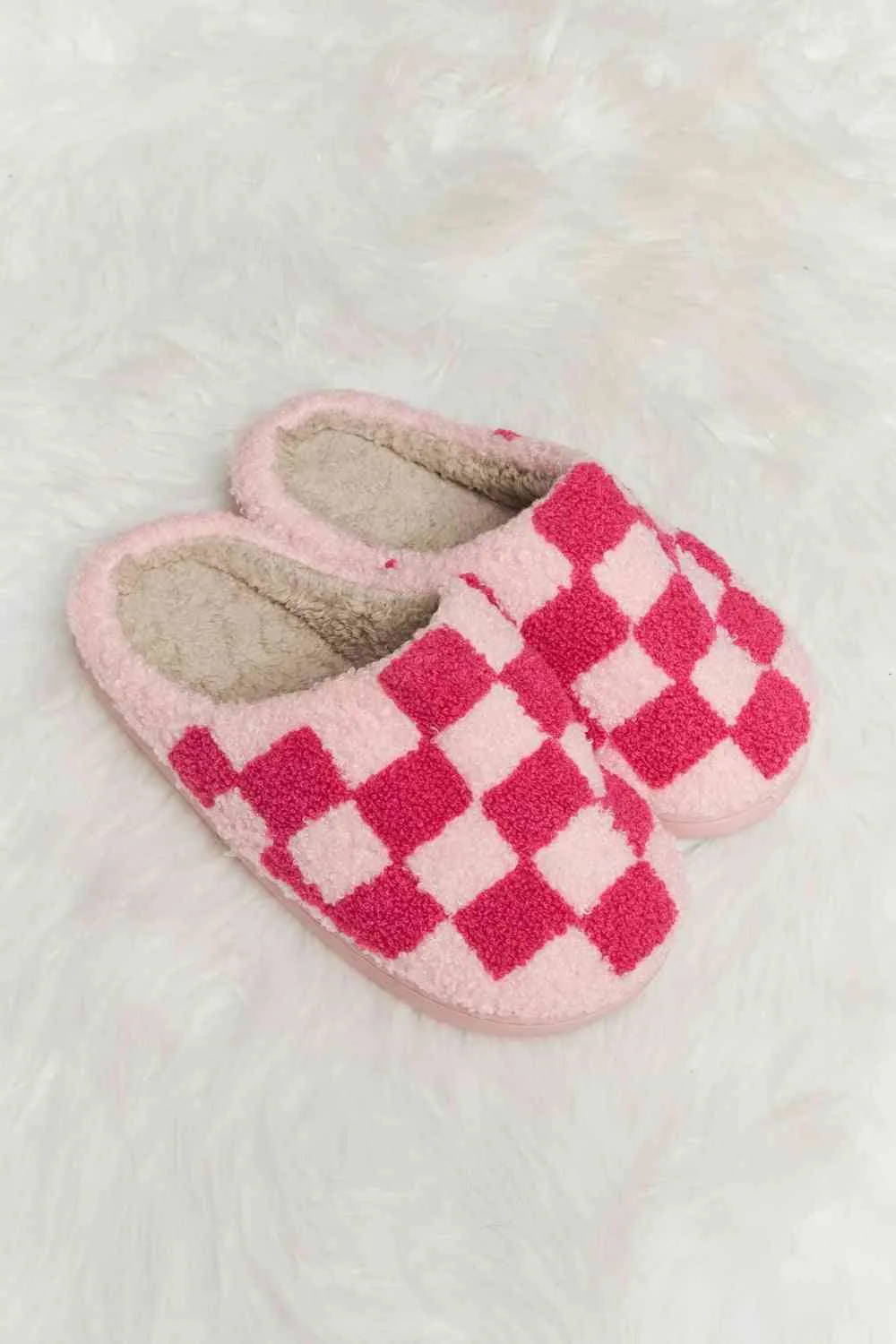 Melody Checkered Print Plush Slide Slippers - 4 Colors