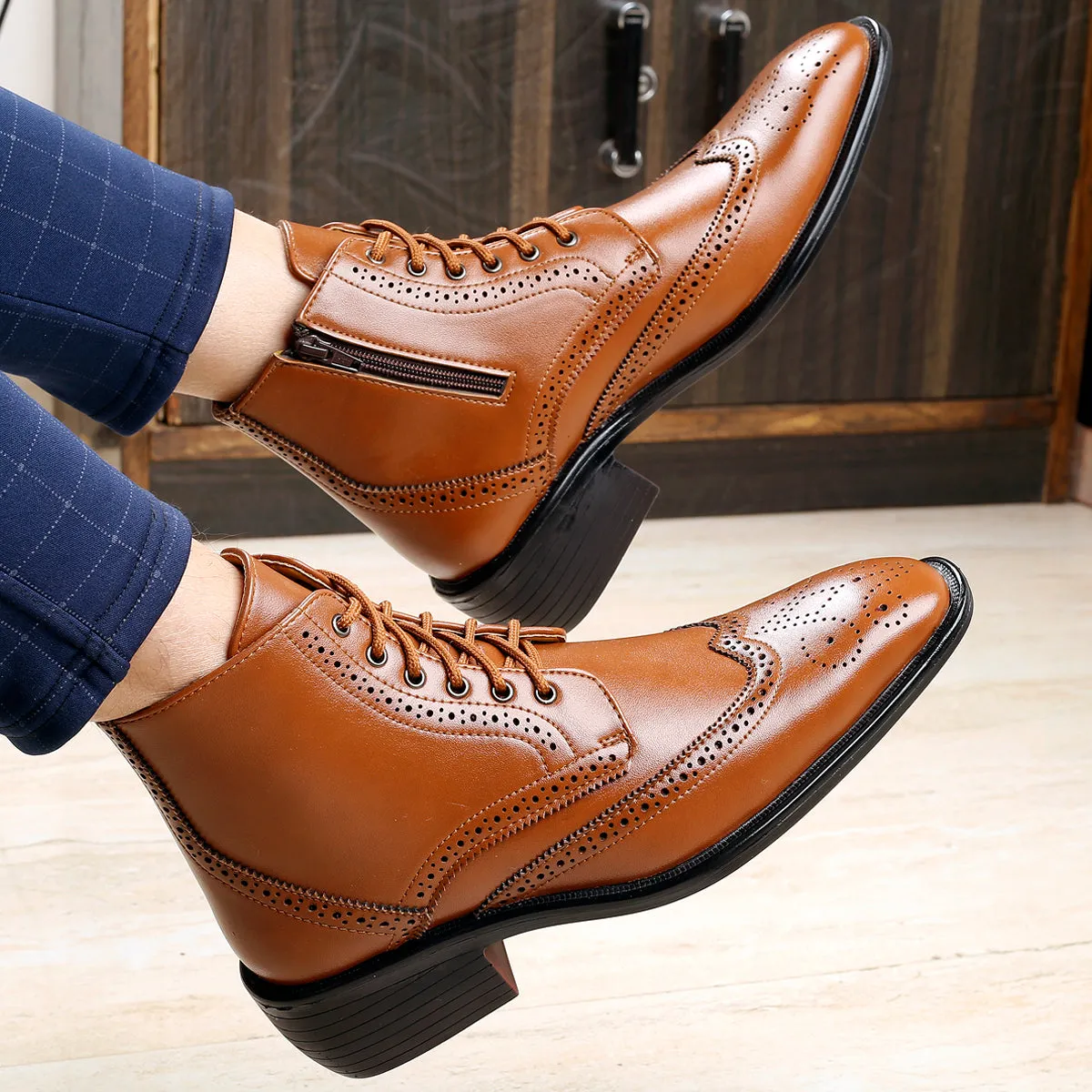 Men's Latest Formal / Semi-Formal Height Increasing Cow Boy Ankle Zipper Lace-Up Brogue Boots