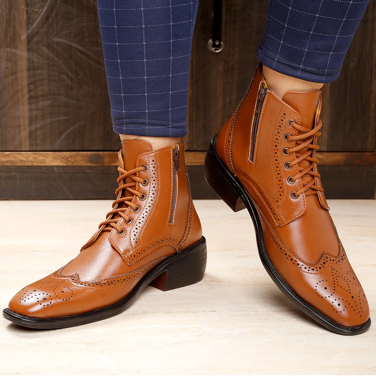 Men's Latest Formal / Semi-Formal Height Increasing Cow Boy Ankle Zipper Lace-Up Brogue Boots