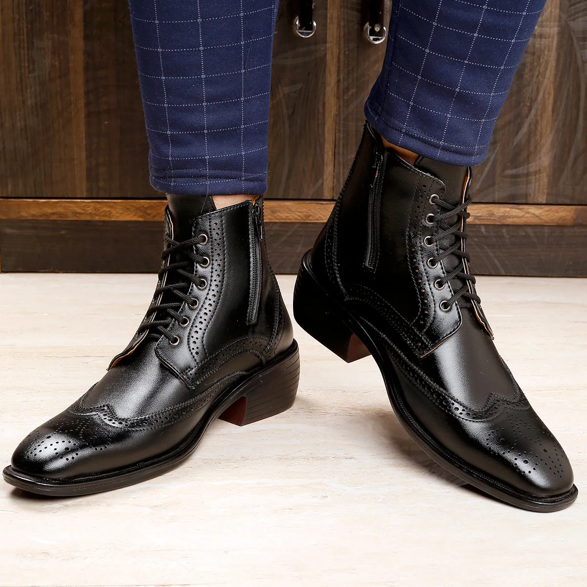 Men's Latest Formal / Semi-Formal Height Increasing Cow Boy Ankle Zipper Lace-Up Brogue Boots