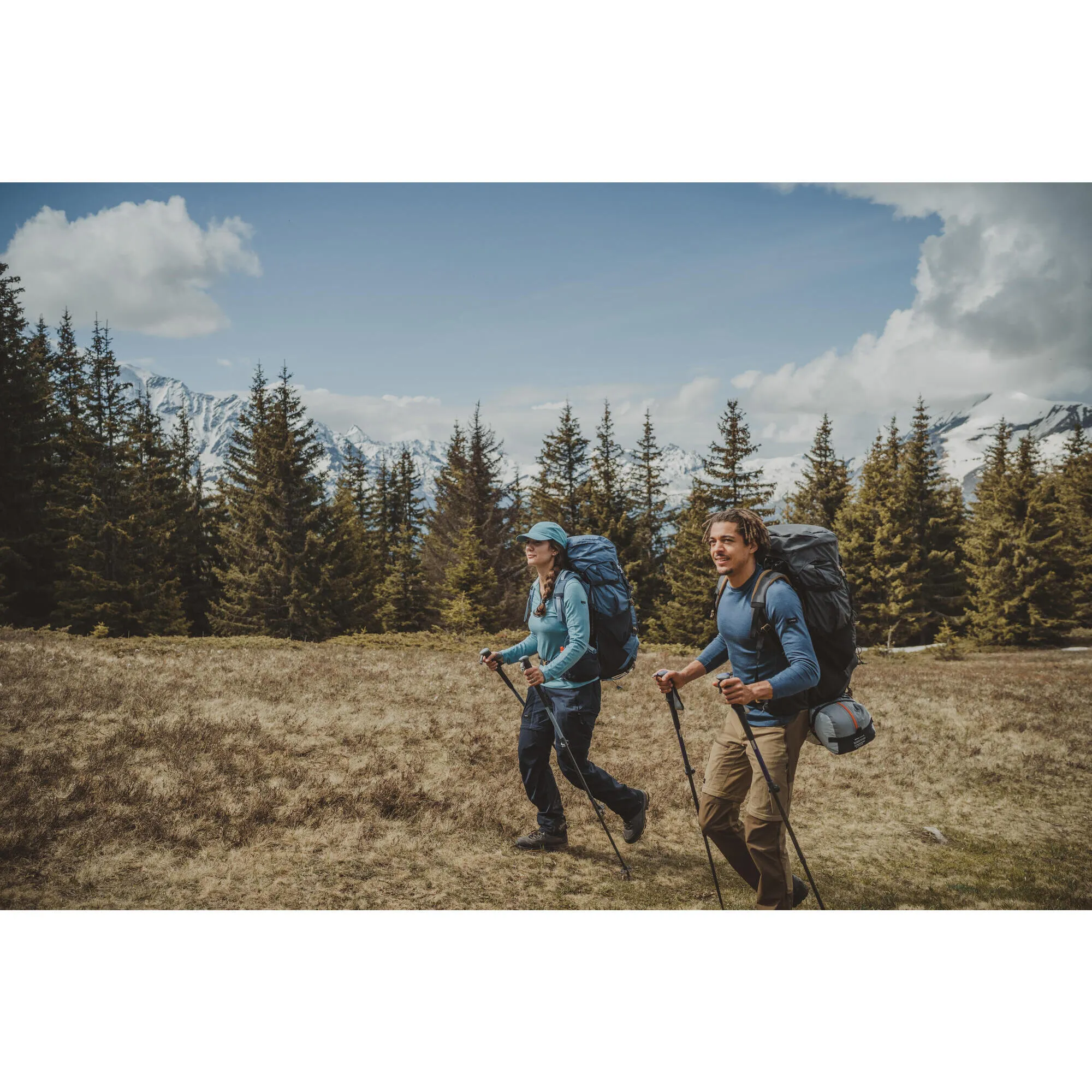 Men's longsleeve made of Forclaz merino wool for mountain trekking, blue