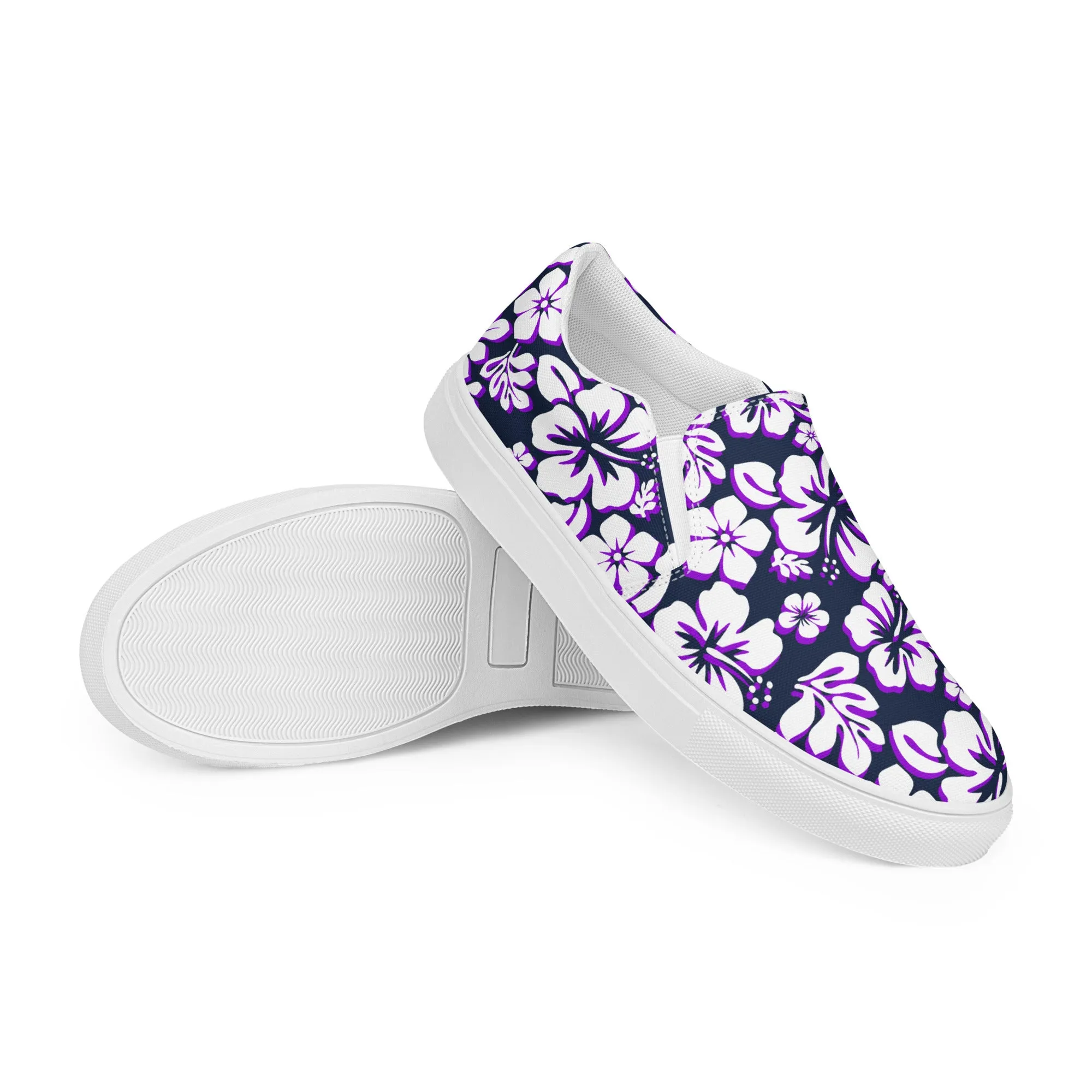 Navy Blue, Purple and White Hawaiian Flowers Men’s Slip On Canvas Shoes