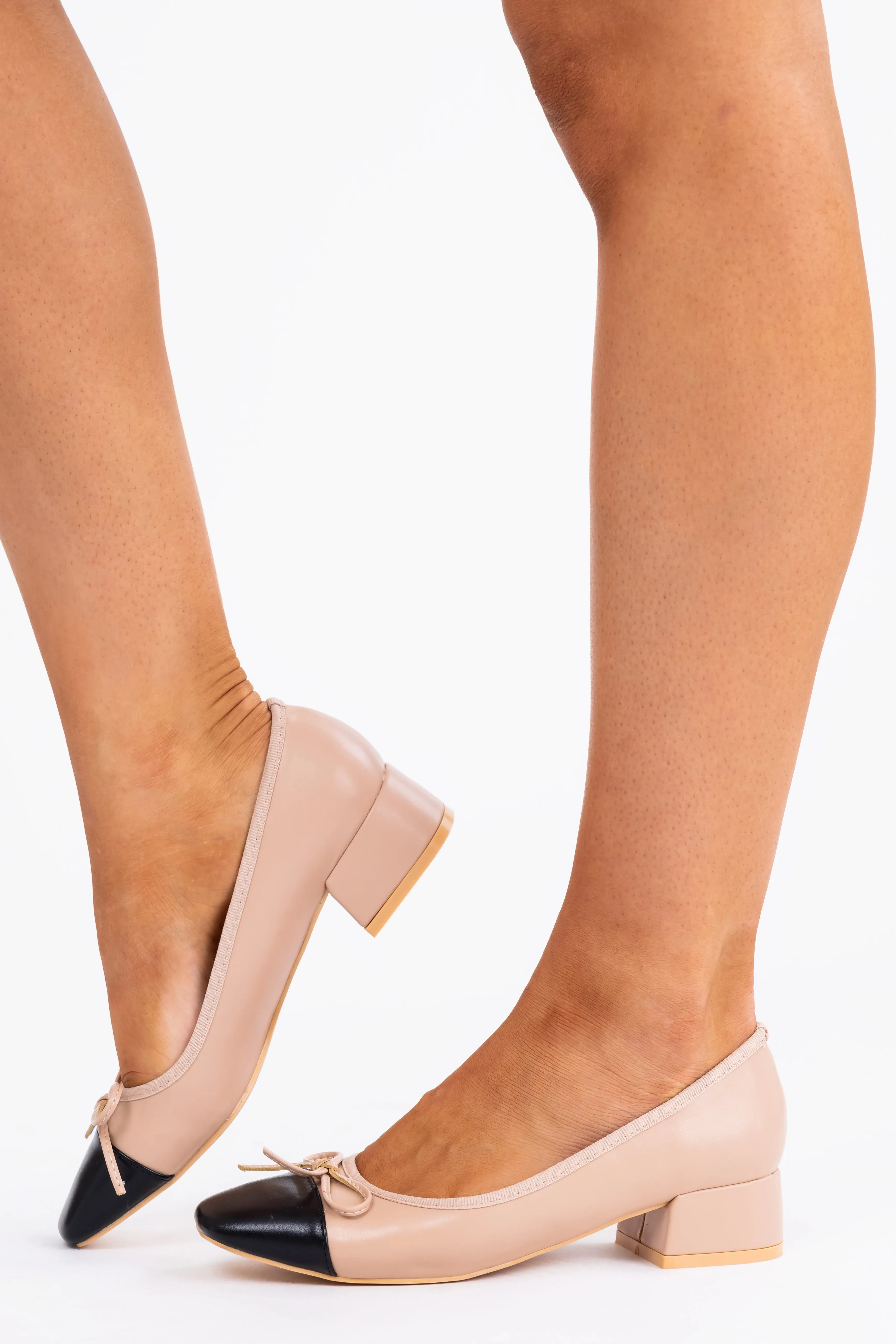 Nude Contrast Toe Low Heel Ballerina Shoes