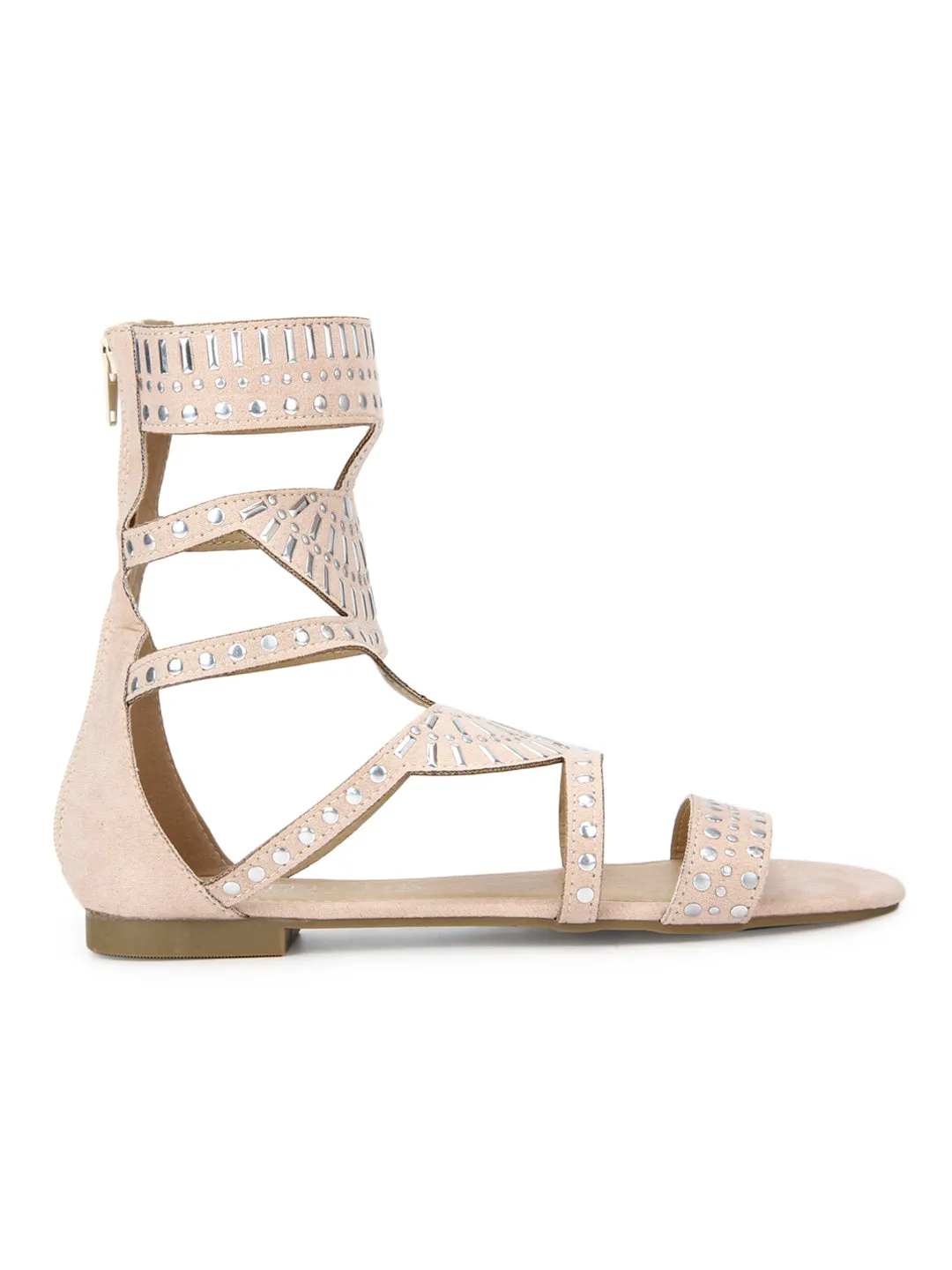 Nude Micro Studded Ankle Strap Flat Sandals