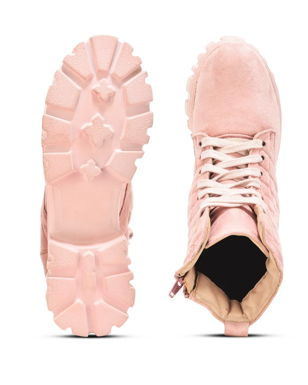 Nude Pink Suede Quilted Lace Up Ankle Boots