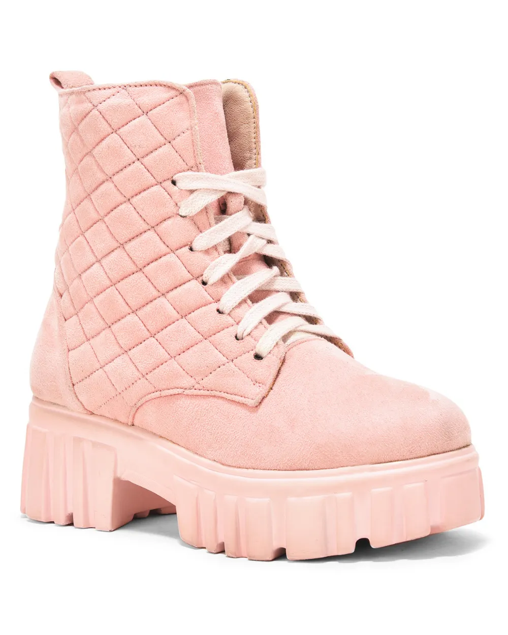 Nude Pink Suede Quilted Lace Up Ankle Boots