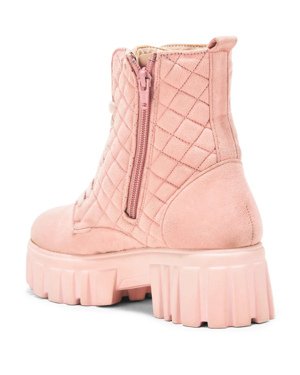 Nude Pink Suede Quilted Lace Up Ankle Boots