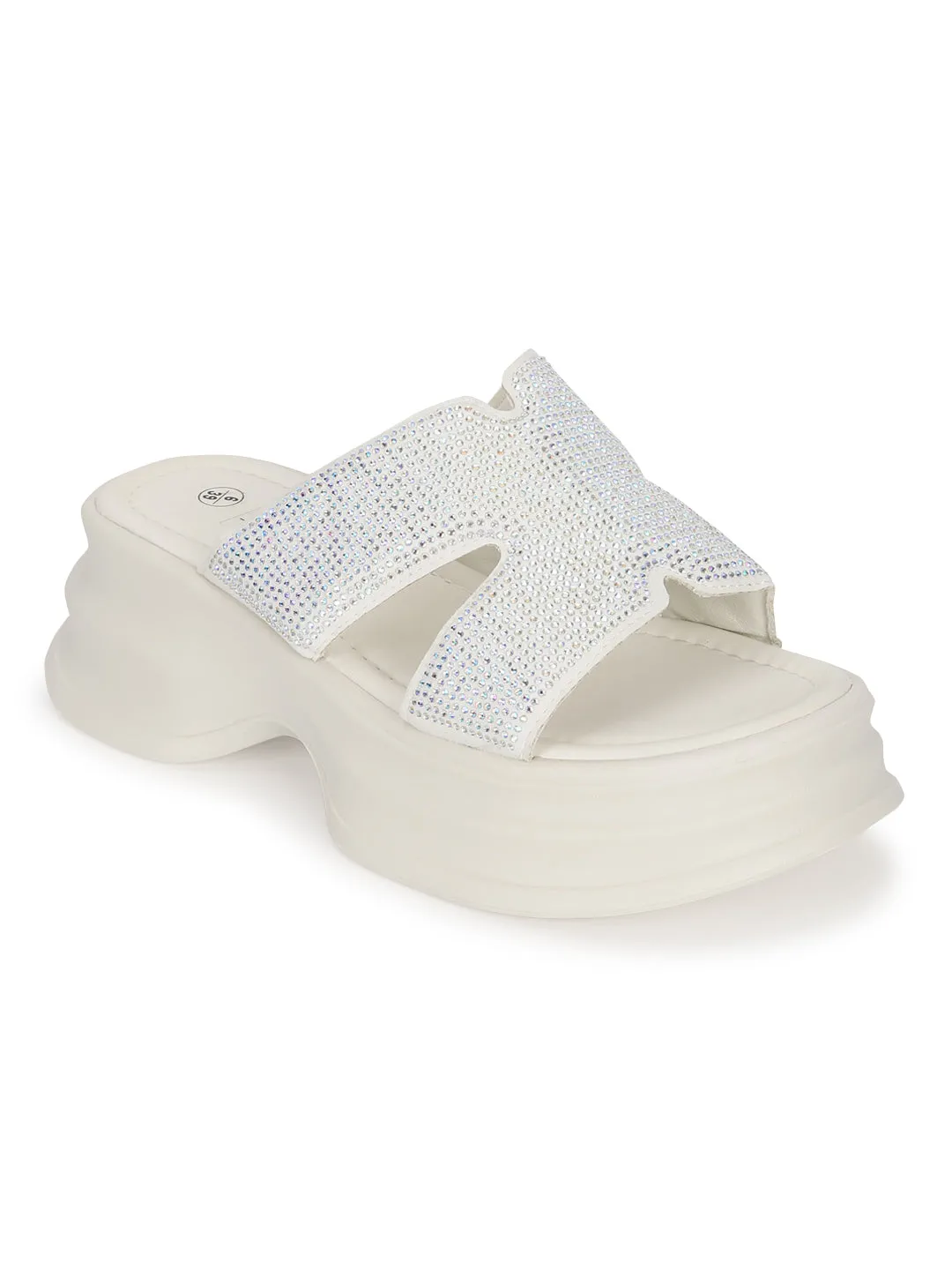 Off White PU Diamonte Stylish Slip-On Flats (TC-RS3638-OWHT)