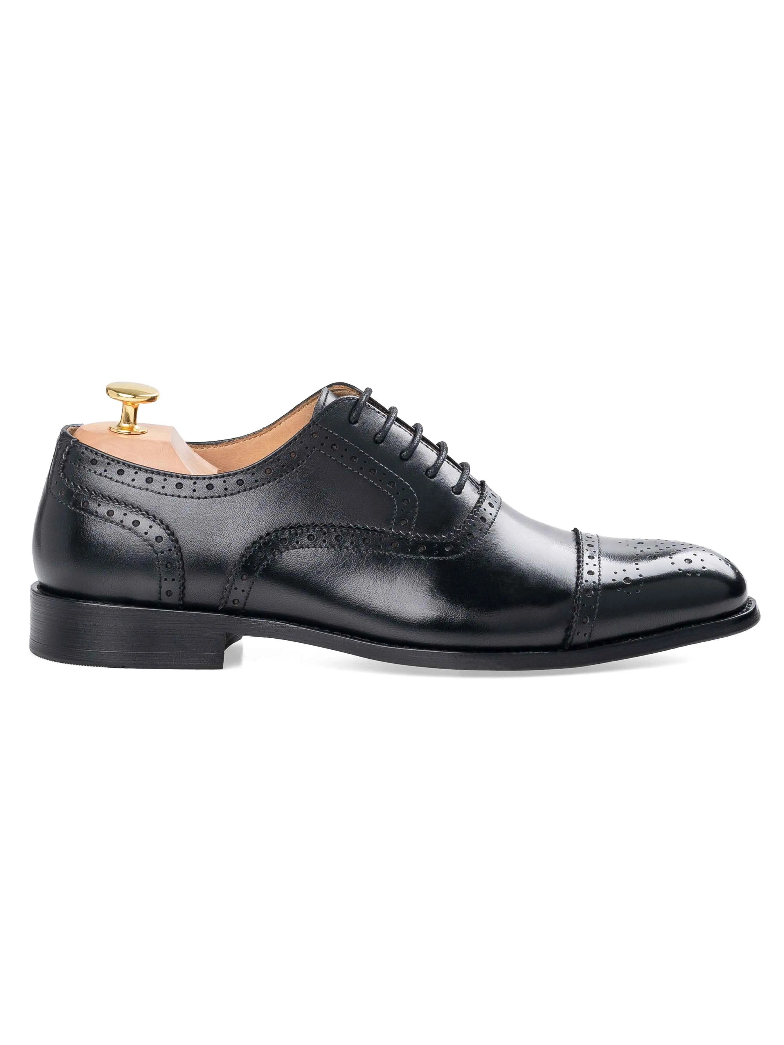 Oxford Cap Toe - Black Semi Brogue Lace Up (Wide)