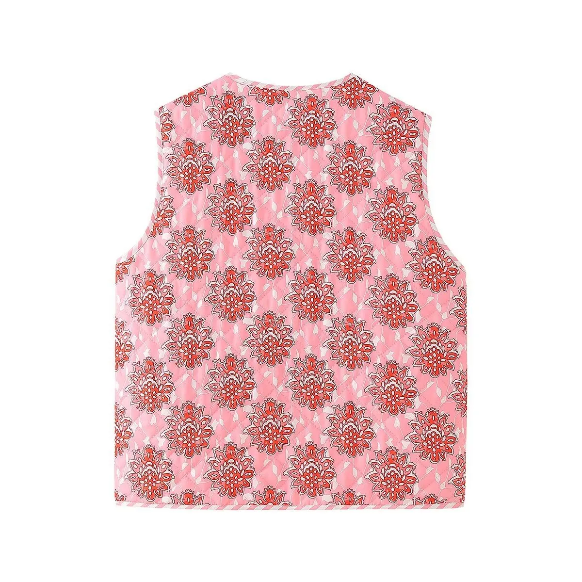 Pink Floral Print Lace-Up Quilted Thin Waistcoat