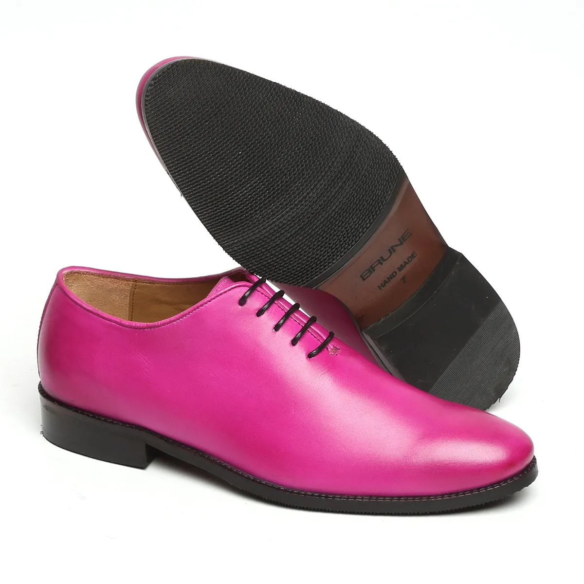 Pink Hand Painted Leather Handmade Whole Cut/One-Piece Oxford Shoes For Men By Brune & Bareskin