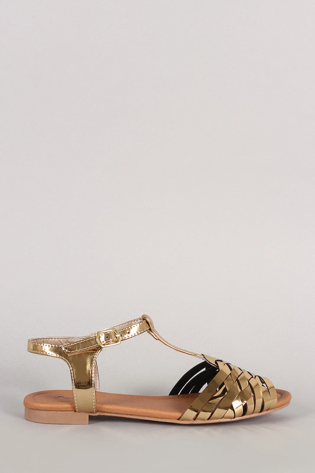 Qupid Metallic Peep Toe Fisherman Flat Sandal