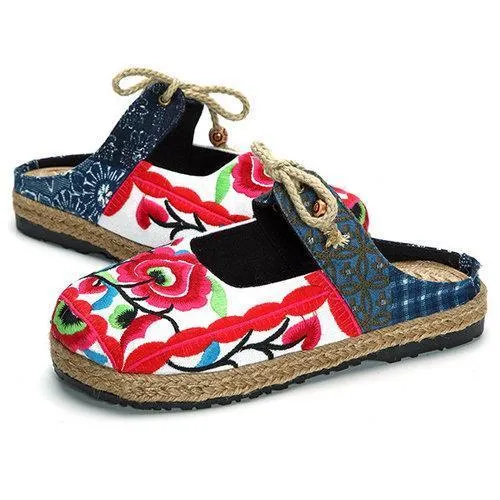 Red Flower Backless Butterfly Knot Knitting Flat Retro Shoes