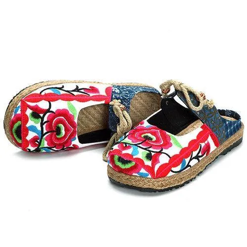 Red Flower Backless Butterfly Knot Knitting Flat Retro Shoes