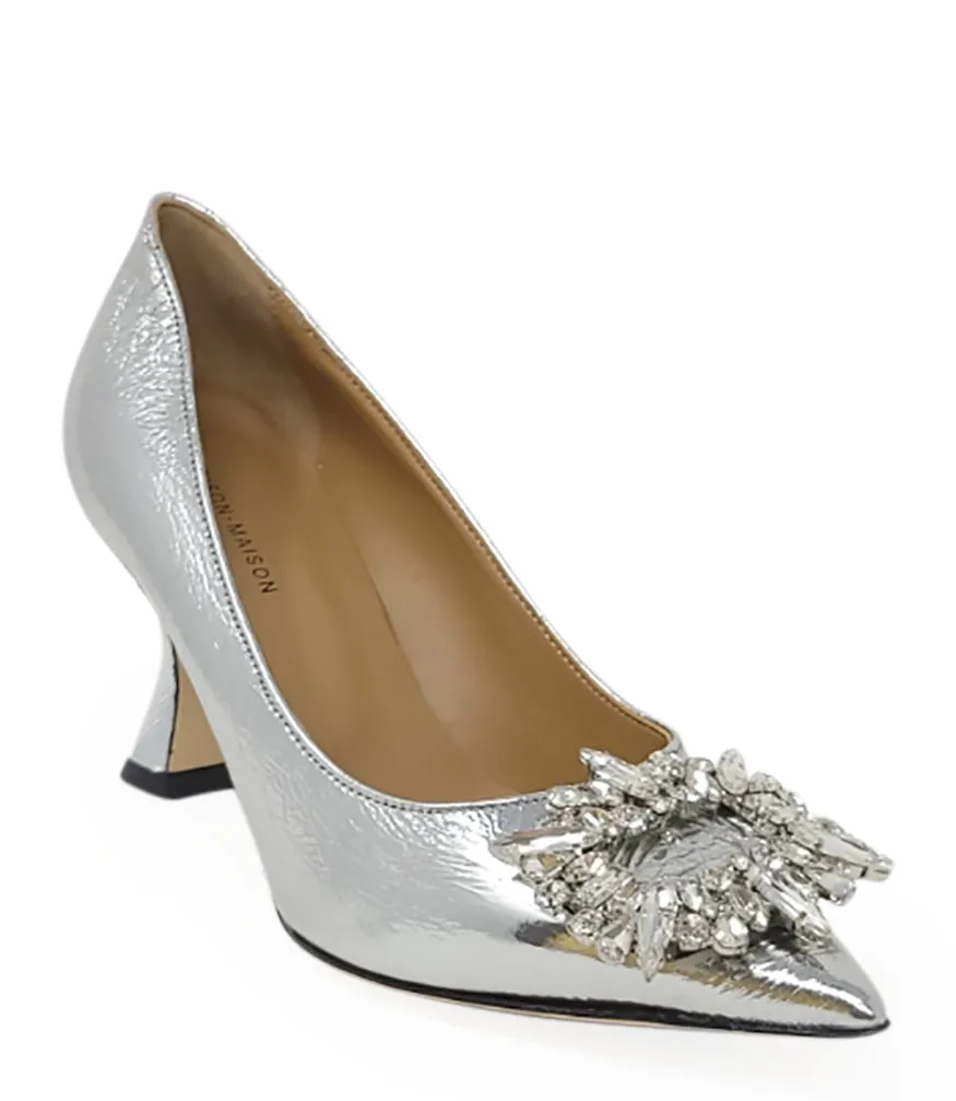 Silver  Leather Kitten Heel Pump