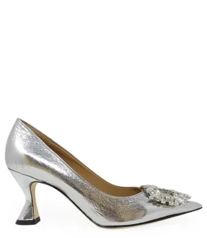 Silver  Leather Kitten Heel Pump