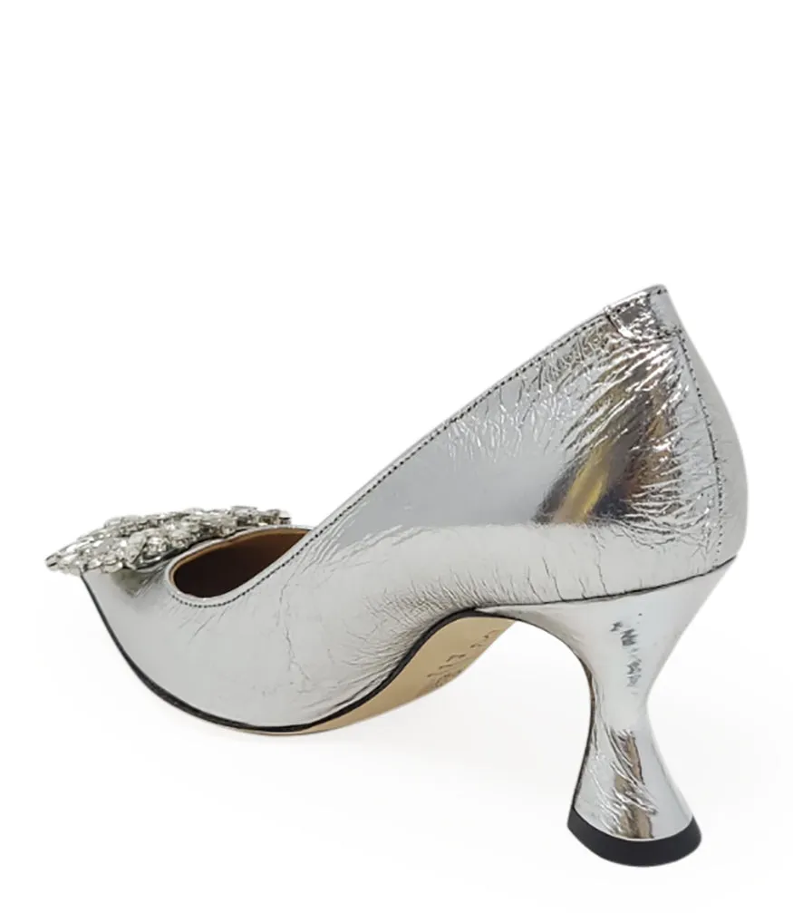 Silver  Leather Kitten Heel Pump