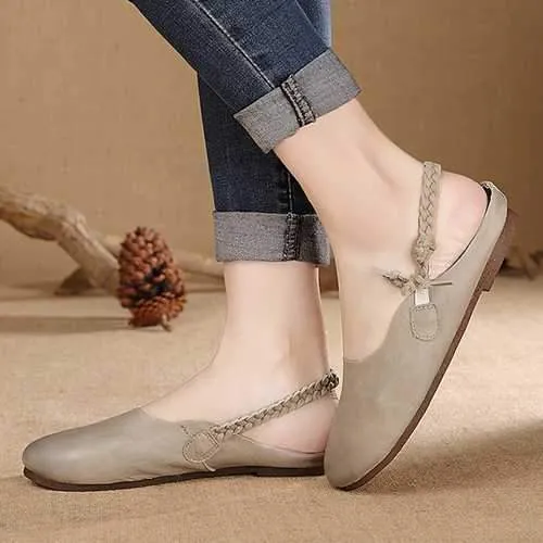 SOCOFY Genuine Leather Pure Color Elastic Band Soft Slingback Flat Shoes