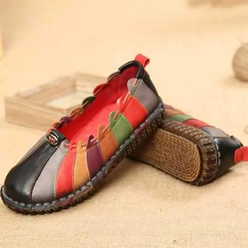 SOCOFY Leather Rainbow Weave Comfortable Vintage Flat  Shoes