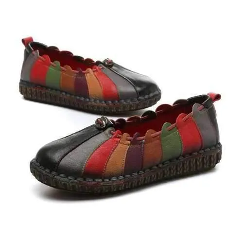 SOCOFY Leather Rainbow Weave Comfortable Vintage Flat  Shoes