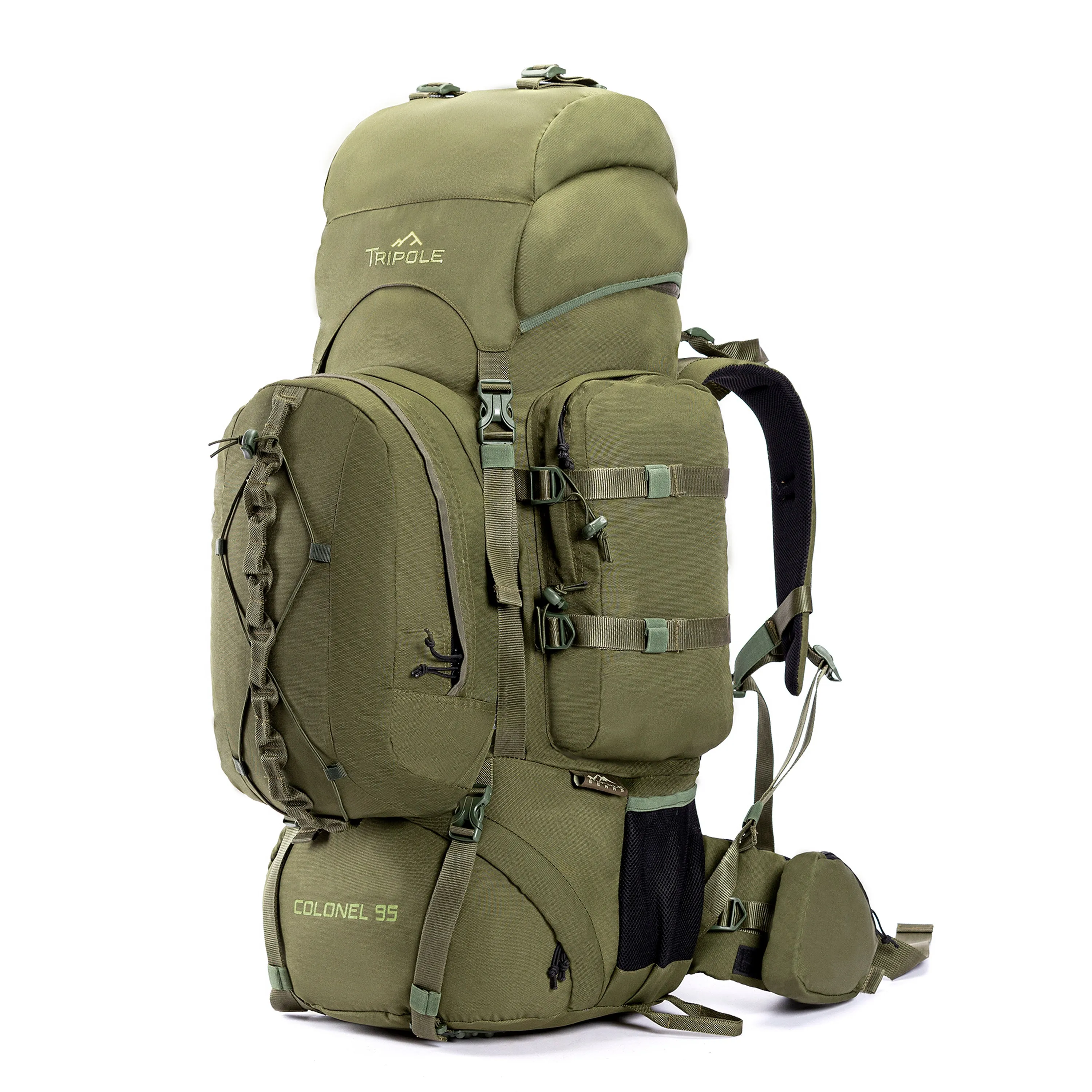 Tripole Colonel Metal Frame Rucksack with Detachable Bag & Rain Cover for Trekking & Travelling | Men & Women | 3 Year Warranty | Olive Green | 95 Litre