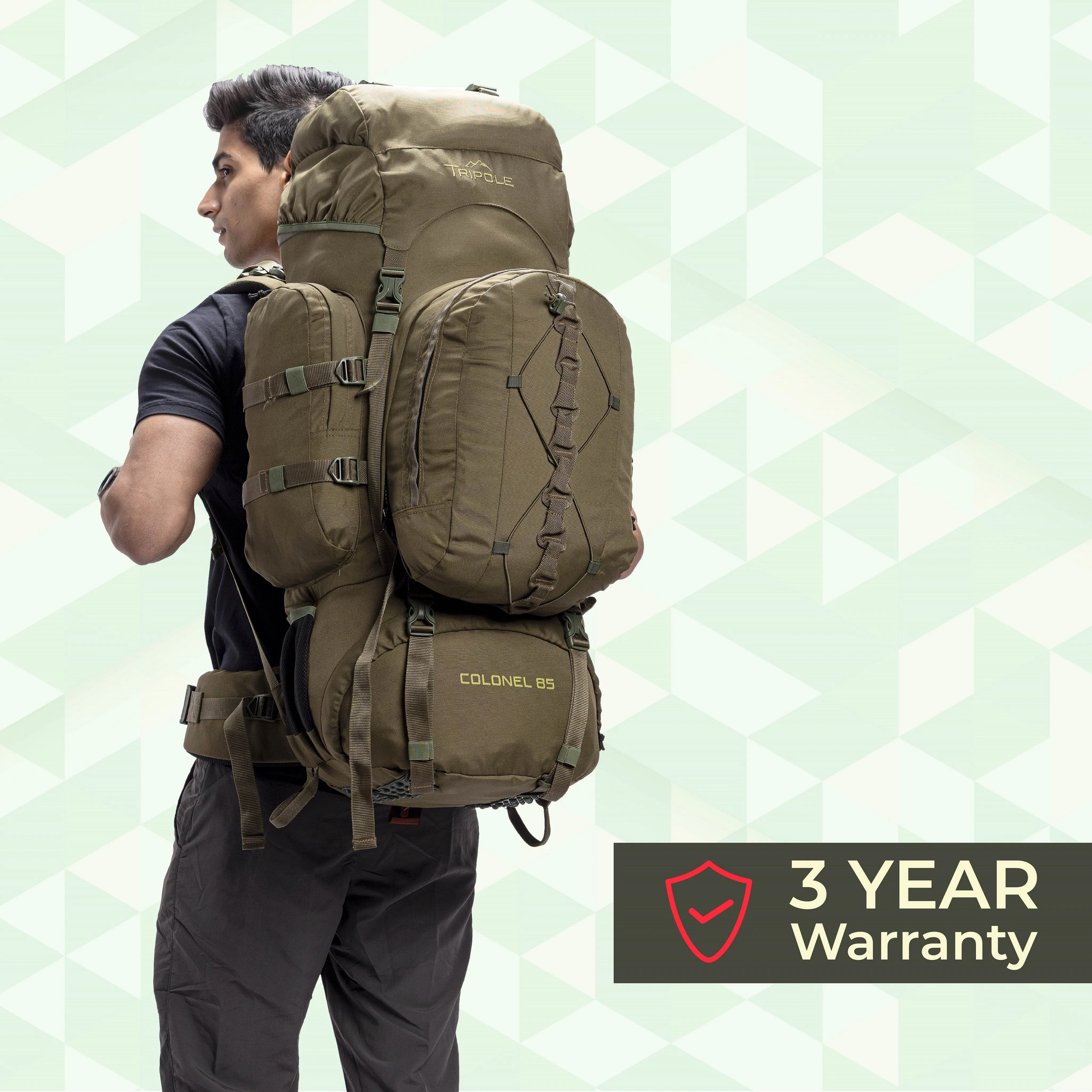 Tripole Colonel Metal Frame Rucksack with Detachable Bag & Rain Cover for Trekking & Travelling | Men & Women | 3 Year Warranty | Olive Green | 95 Litre