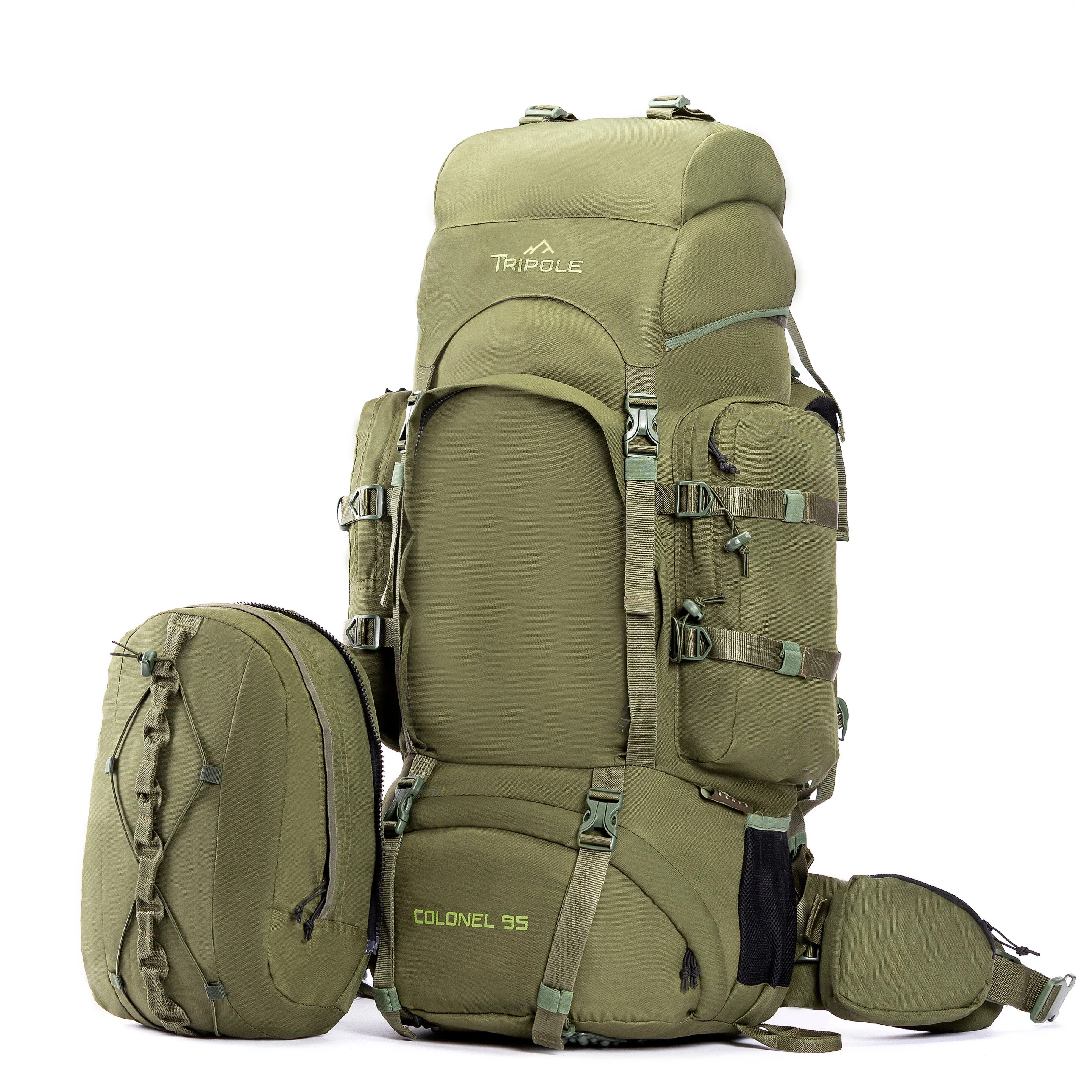 Tripole Colonel Metal Frame Rucksack with Detachable Bag & Rain Cover for Trekking & Travelling | Men & Women | 3 Year Warranty | Olive Green | 95 Litre