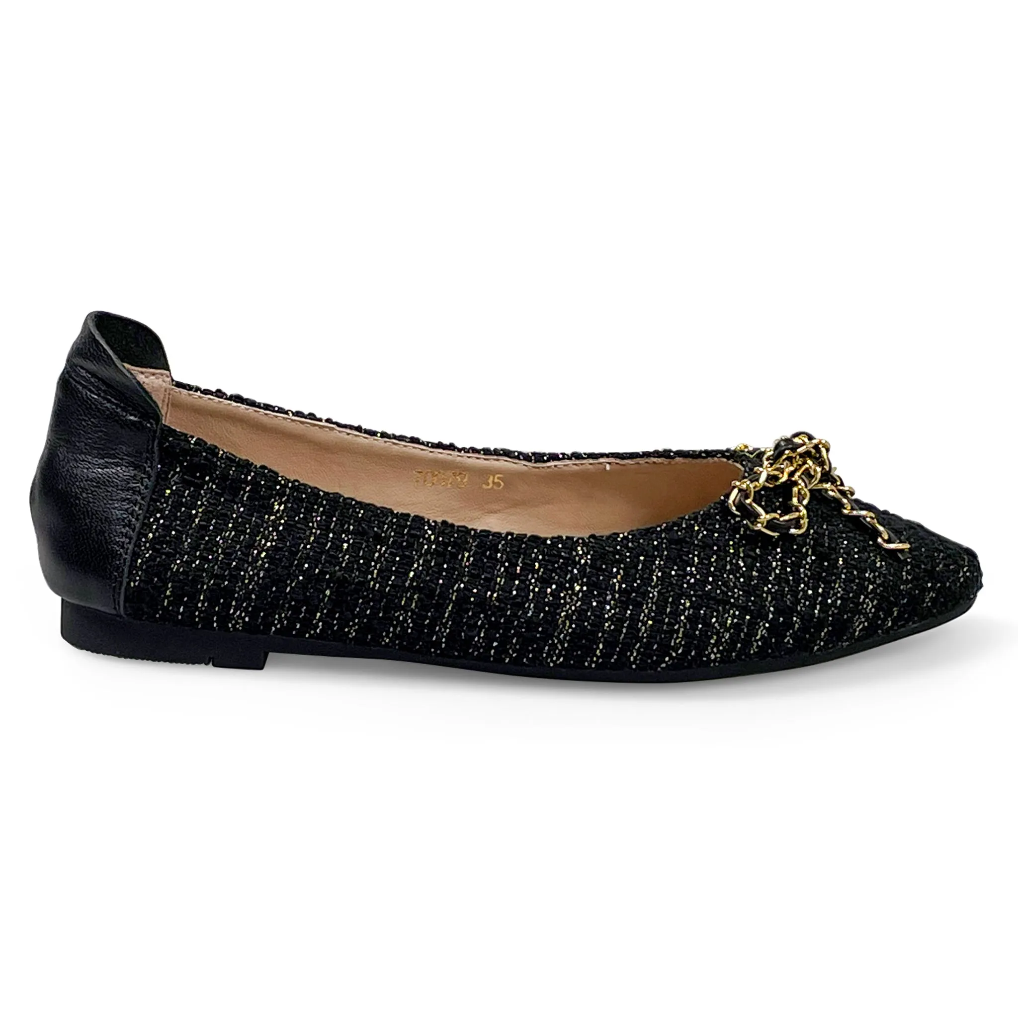 Vaness tweed flats with gold chain ribbon