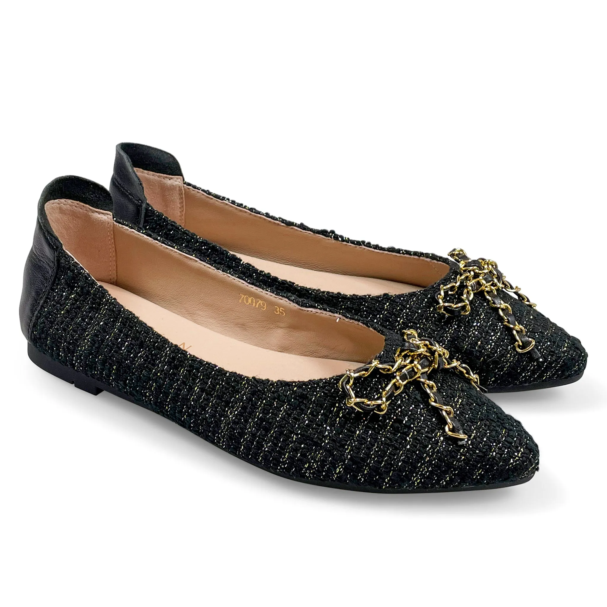 Vaness tweed flats with gold chain ribbon