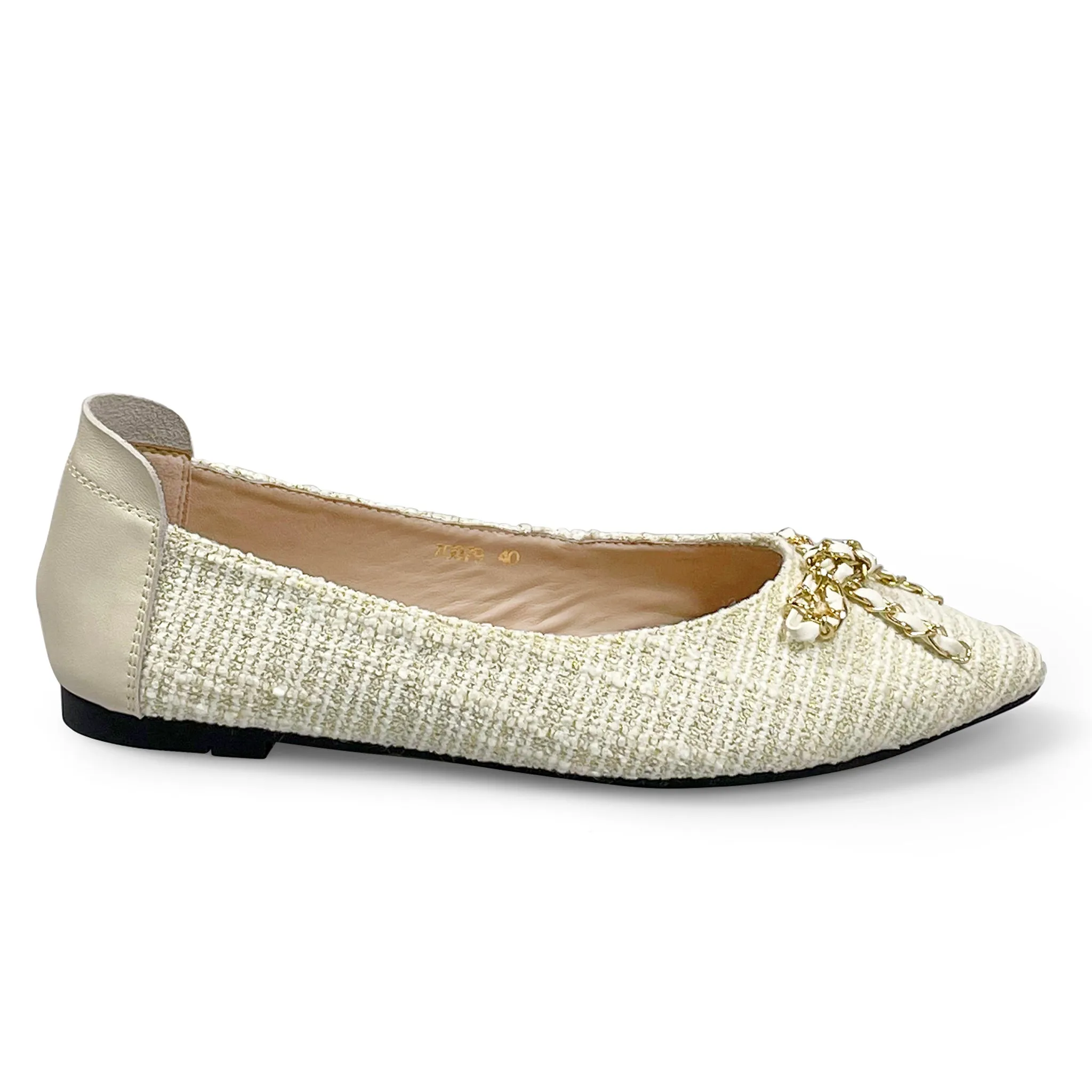 Vaness tweed flats with gold chain ribbon