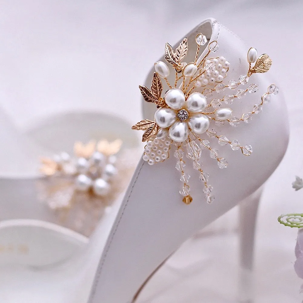 Wedding Accessories - Pearl and Crystal Gold Bridal Shoe Clips