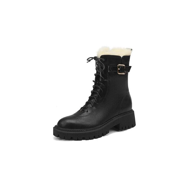 Wenkouban  fashion inspo    Winter Women Boots Round Toe Chunky Boot Women Split leather Shoes Women Thick Heel Boots Wool Blend Warm Boots Black Snow Boots