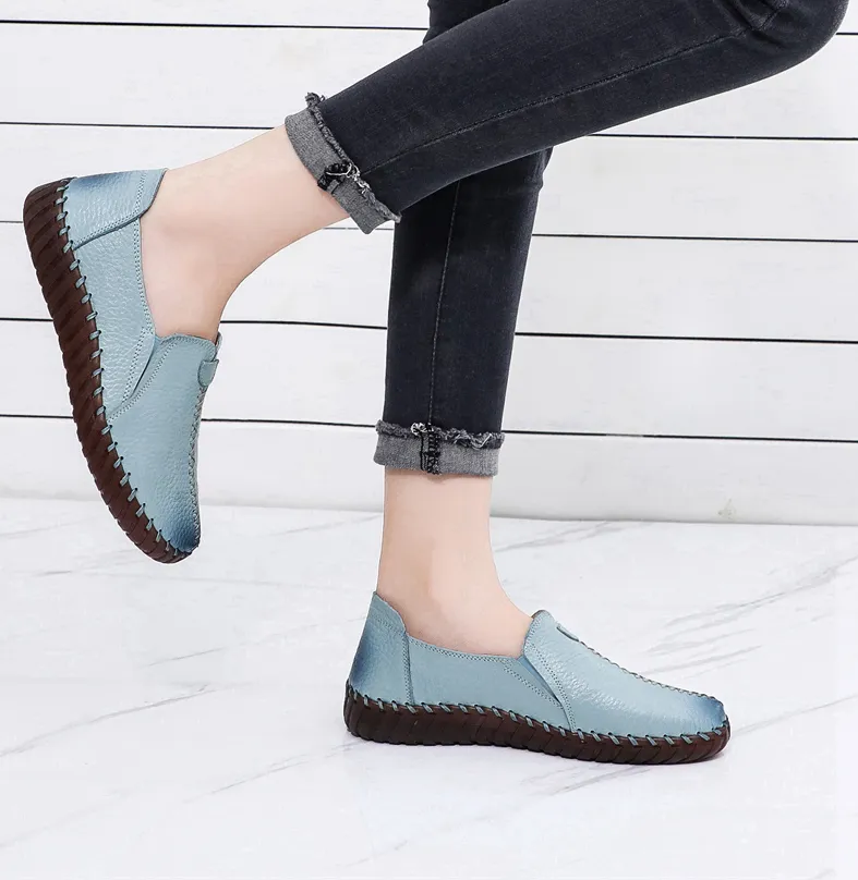 White Black Hollowed Moccasins For Women Genuine Leather Flats Breathable Loafers Shoes Women's Soft Casual Flat Shoes Blue