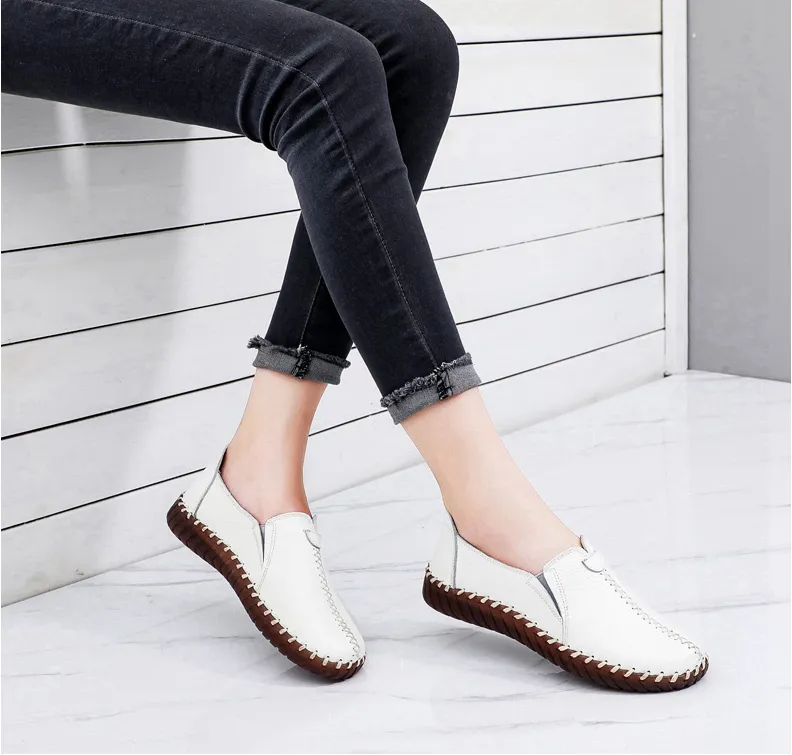 White Black Hollowed Moccasins For Women Genuine Leather Flats Breathable Loafers Shoes Women's Soft Casual Flat Shoes Blue