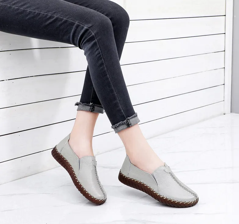 White Black Hollowed Moccasins For Women Genuine Leather Flats Breathable Loafers Shoes Women's Soft Casual Flat Shoes Blue