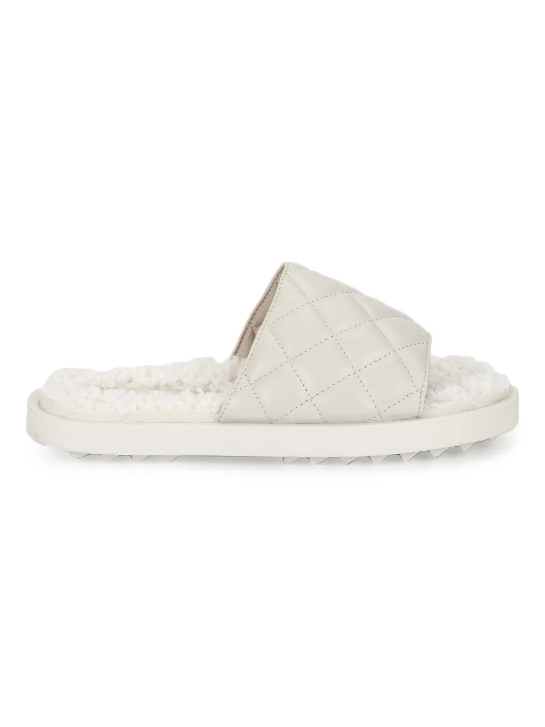 White PU Faux Fur Quilted Slip Ons