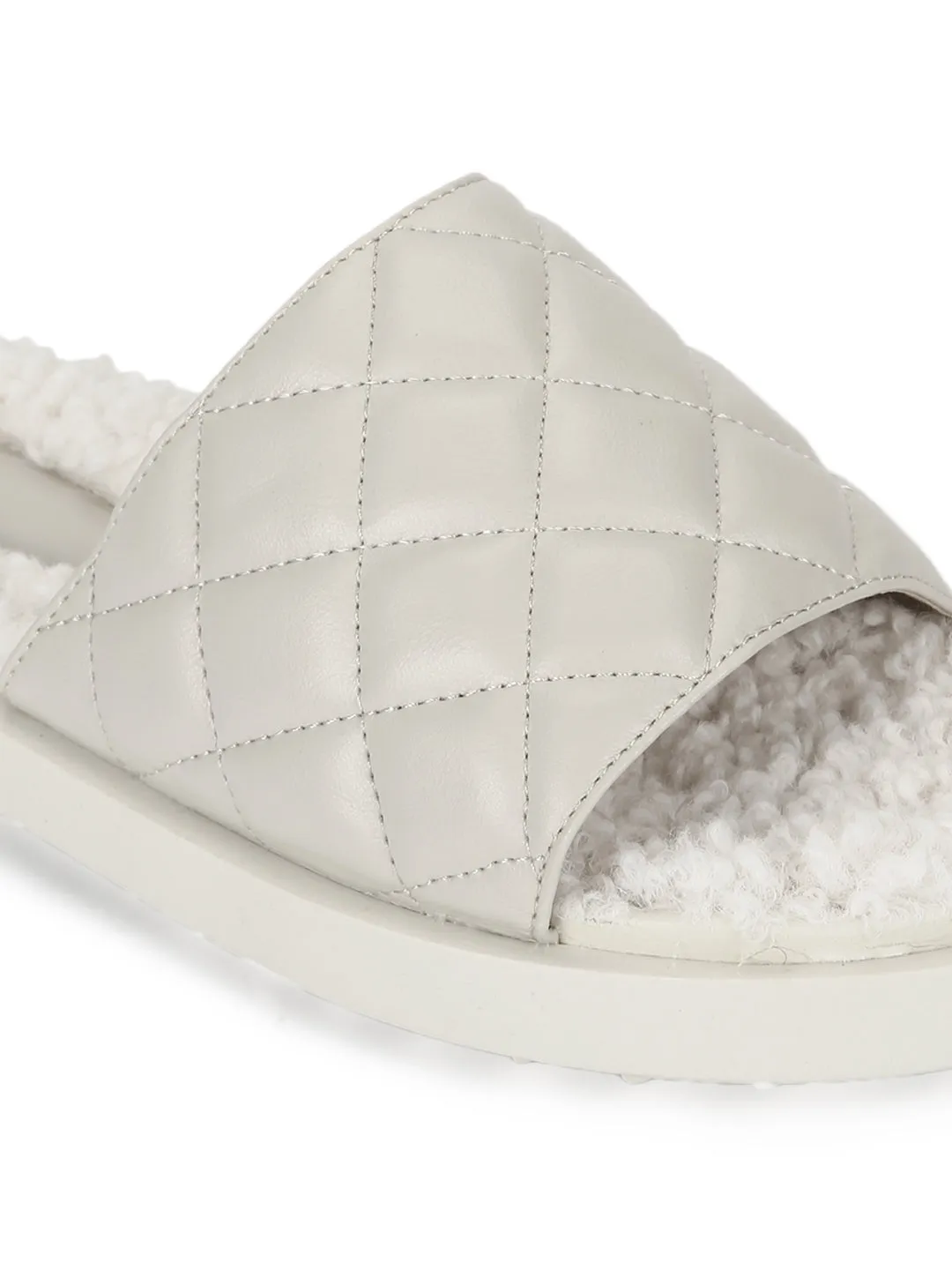 White PU Faux Fur Quilted Slip Ons