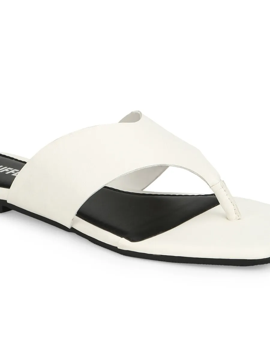 White PU Square Toe Flip Flop Slippers