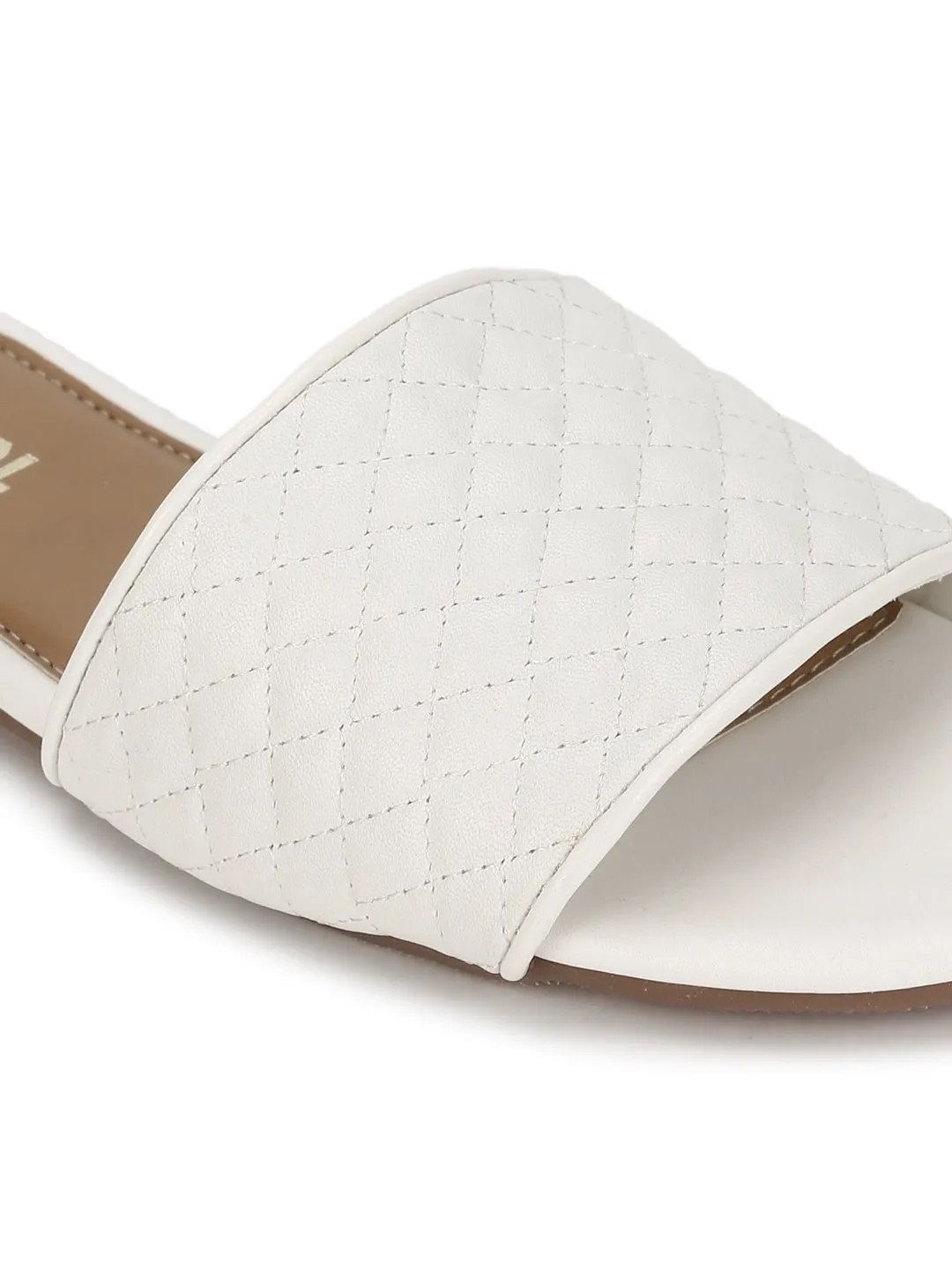 White Quilted PU Slide on Flat Sandals