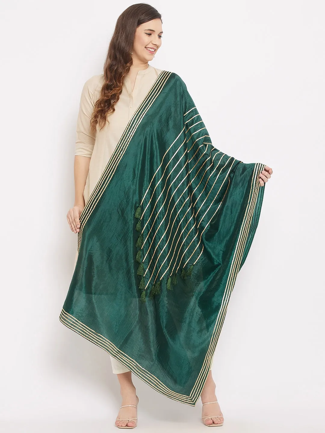 Women Bottle Green Gotta Patti With Tassels Work Silk Dupatta