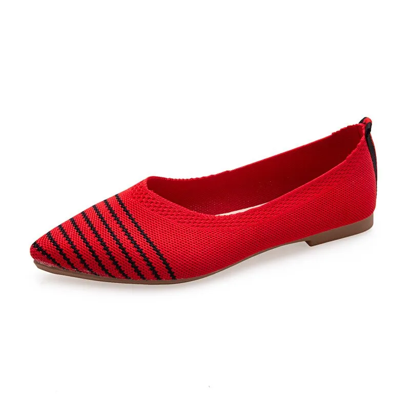 Women Knitted Pointed Loafers Office Shoes Casual Breathable Ladies Flats Fashion Comfor Sneakers Light Work Simple Stripe Pumps