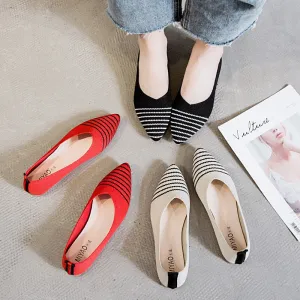 Women Knitted Pointed Loafers Office Shoes Casual Breathable Ladies Flats Fashion Comfor Sneakers Light Work Simple Stripe Pumps